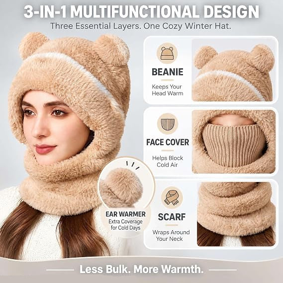 Kids Winter Bear Balaclava Hat, with Face Mask Thick Warm Hooded Cold Weather Hat
