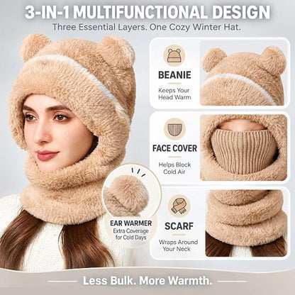 Kids Winter Bear Balaclava Hat, with Face Mask Thick Warm Hooded Cold Weather Hat