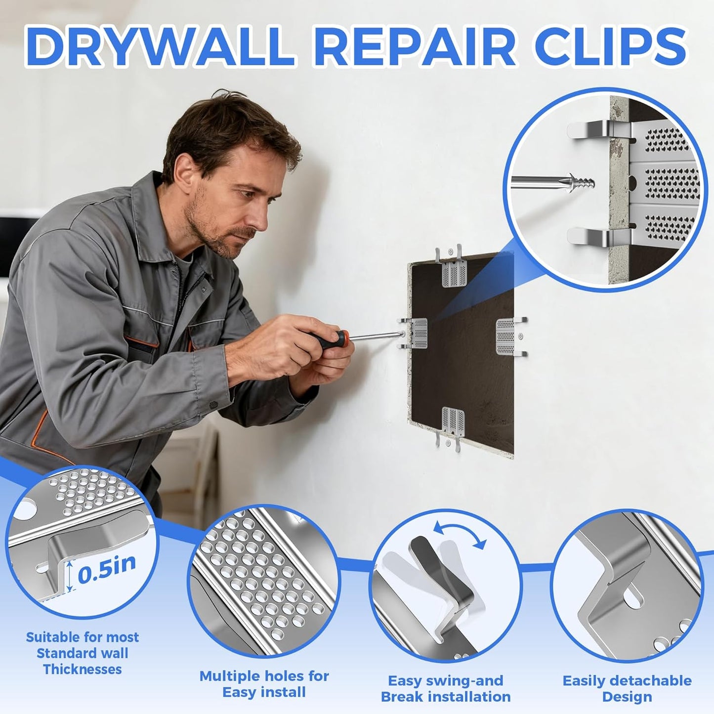 Professional Hole Repair Patch Kit for Wall and Sheetrock, Strong Metal Backing Clips with Screws