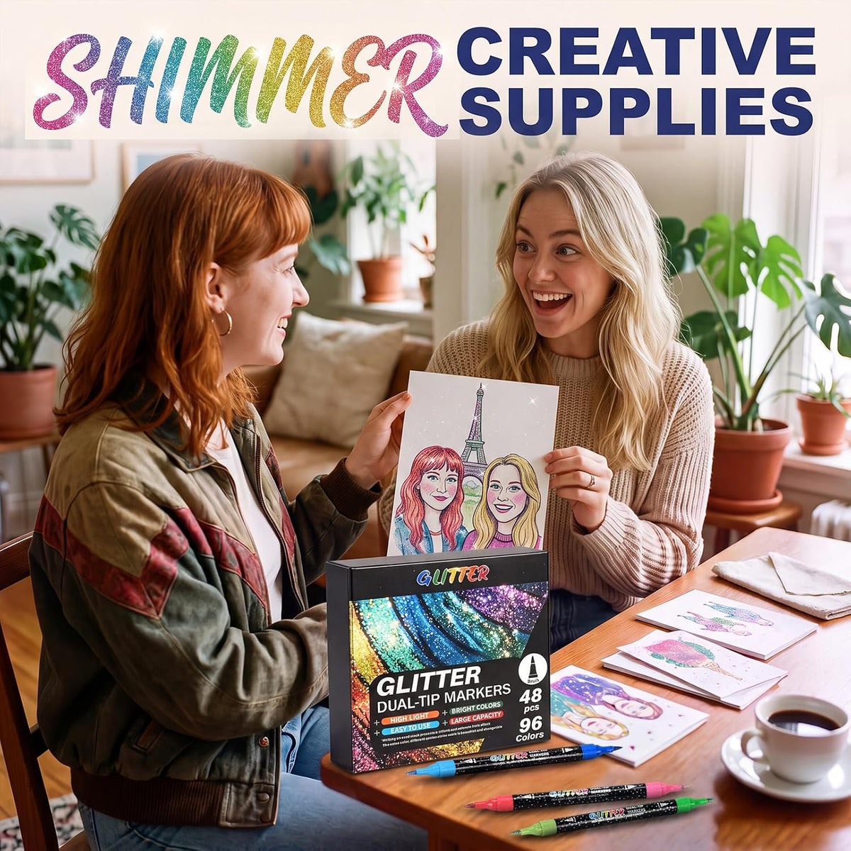 48 Colors Precision Dual Tip Shimmer Brush Pens - Brush & Fine
