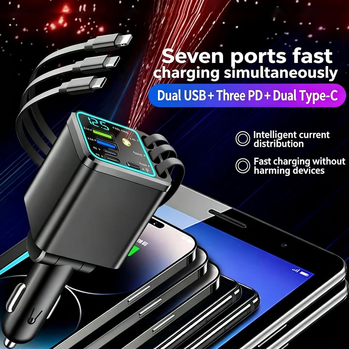 7 In 1 Retractable Car Charger,102W Star Lights Fast Charging Car Charger