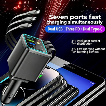 7 In 1 Retractable Car Charger,102W Star Lights Fast Charging Car Charger
