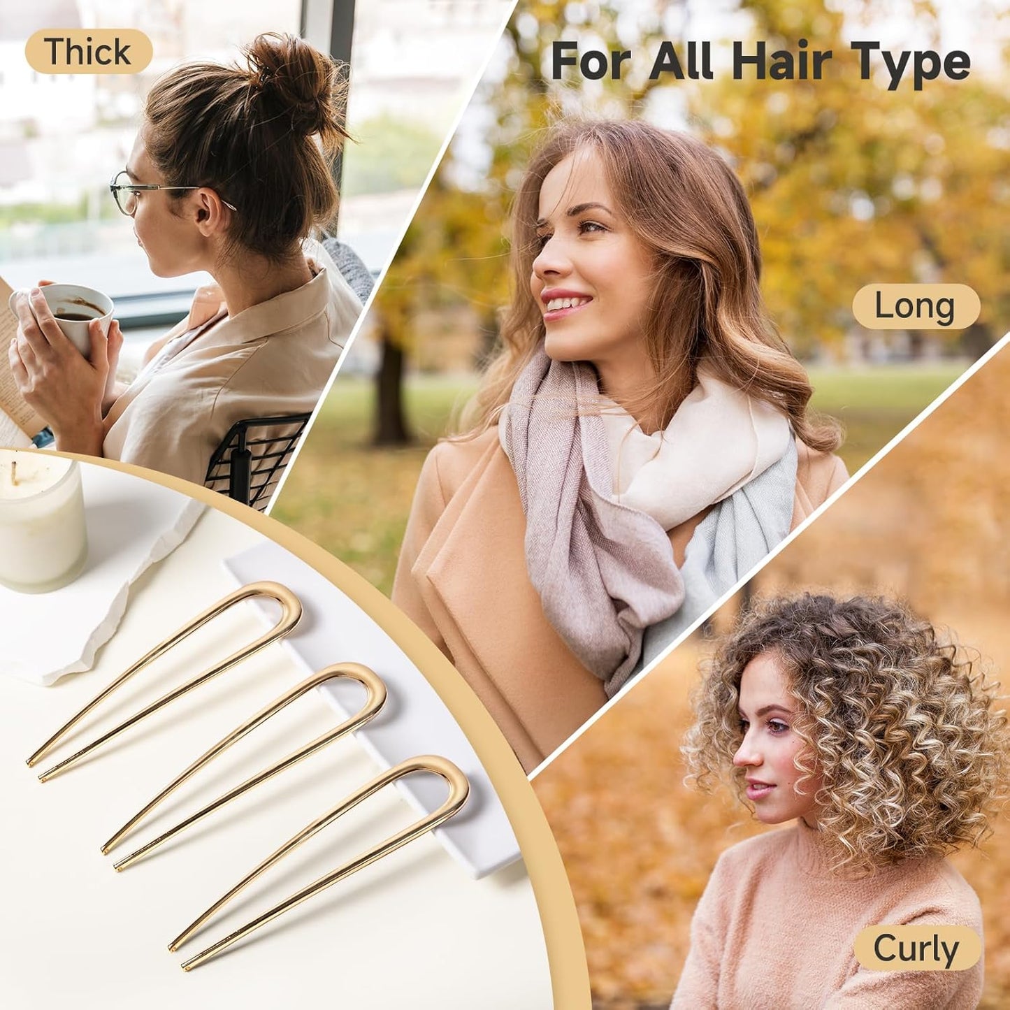 2PCS Metal French Hair Pins – U-Shaped Hair Forks for Bun & French Twist Hairstyles (Gold & Silver)