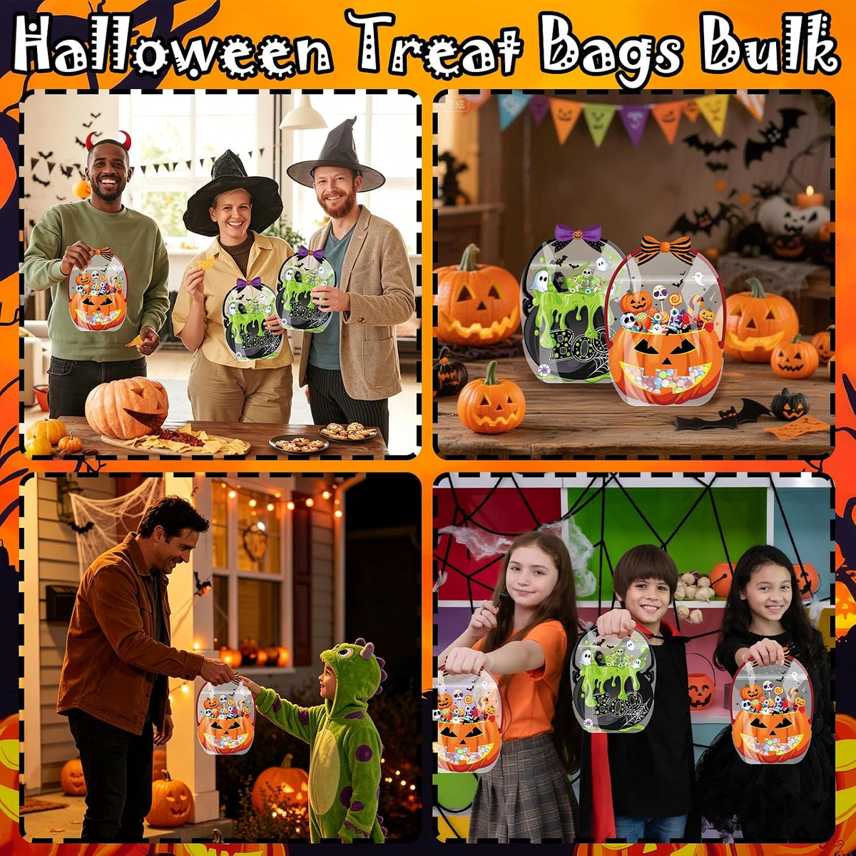 10-Pack Halloween Candy Bags, Pumpkin Skull Plastic Gift Bags