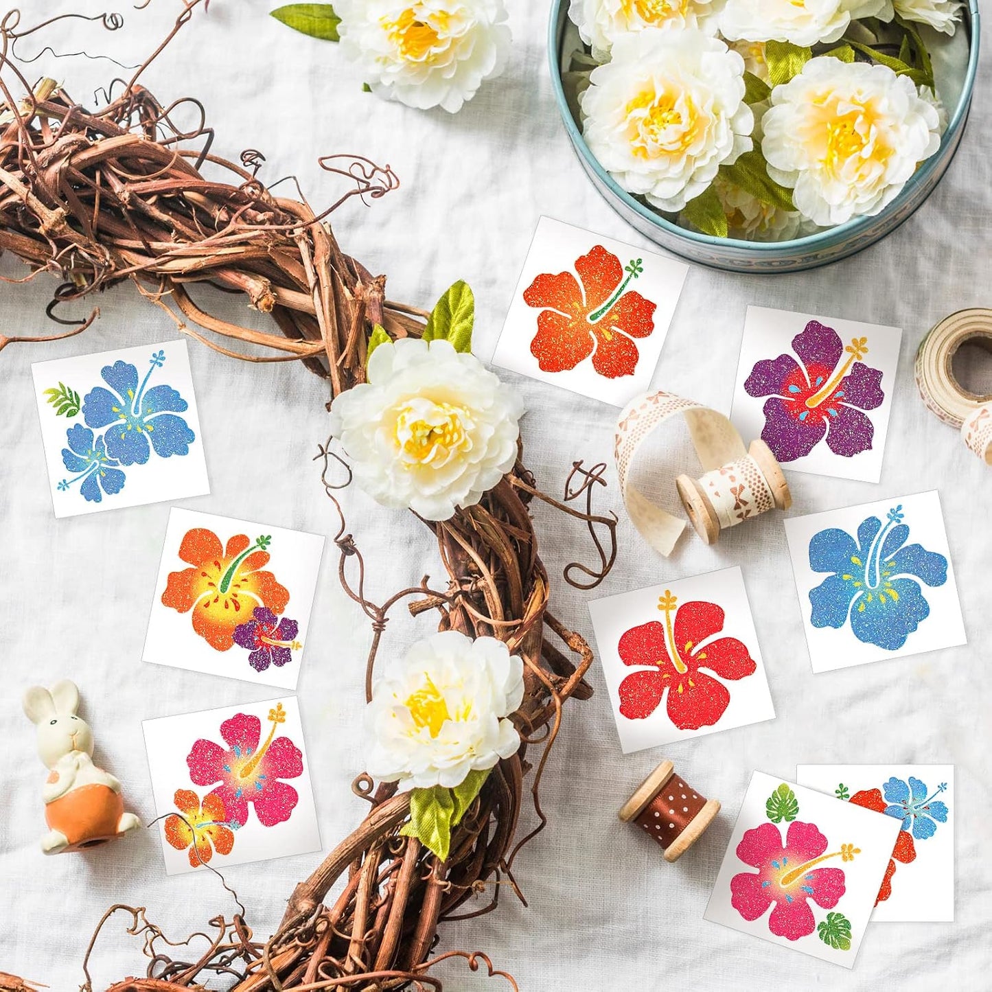 60PCS Glitter Hibiscus Temporary Tattoos – Summer Hawaiian Flower Tattoos for Women, Luau Party & Beach Favors