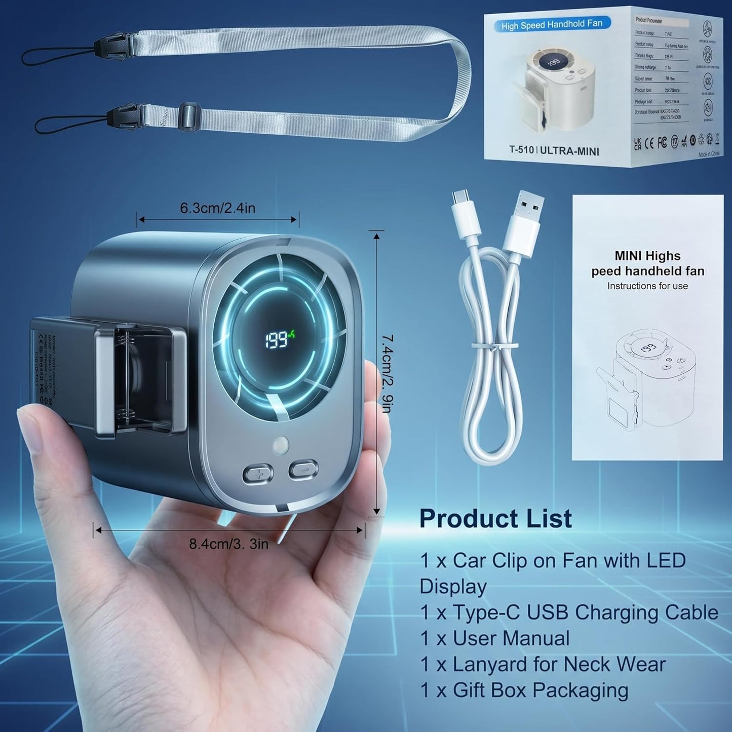 Portable Clip on Air Conditioner Fan for Car with LED Display