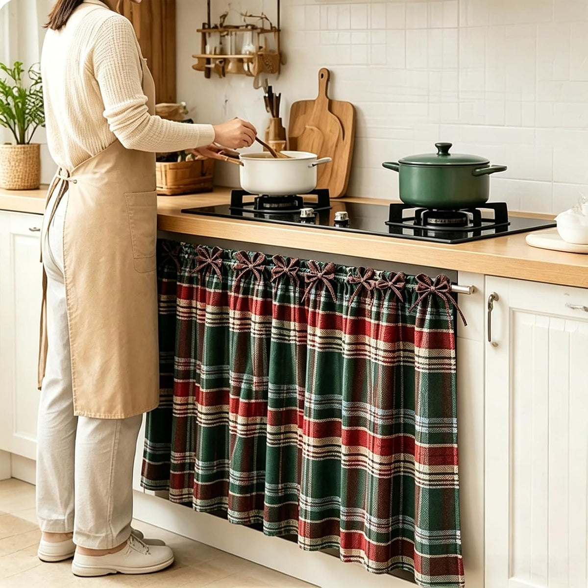 Christmas Gingham Tiered Length Stove Front Curtain