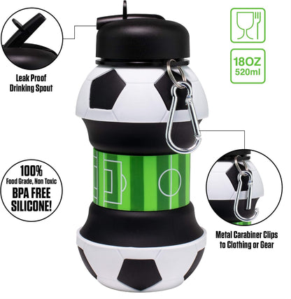 19oz/550ml Soccer Ball Water Bottle Collapsible - Food Grade with Carabiner Clip
