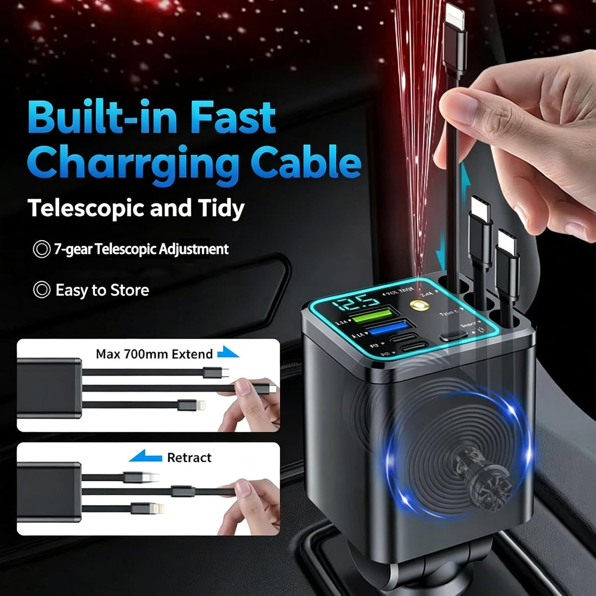 7 In 1 Retractable Car Charger,102W Star Lights Fast Charging Car Charger