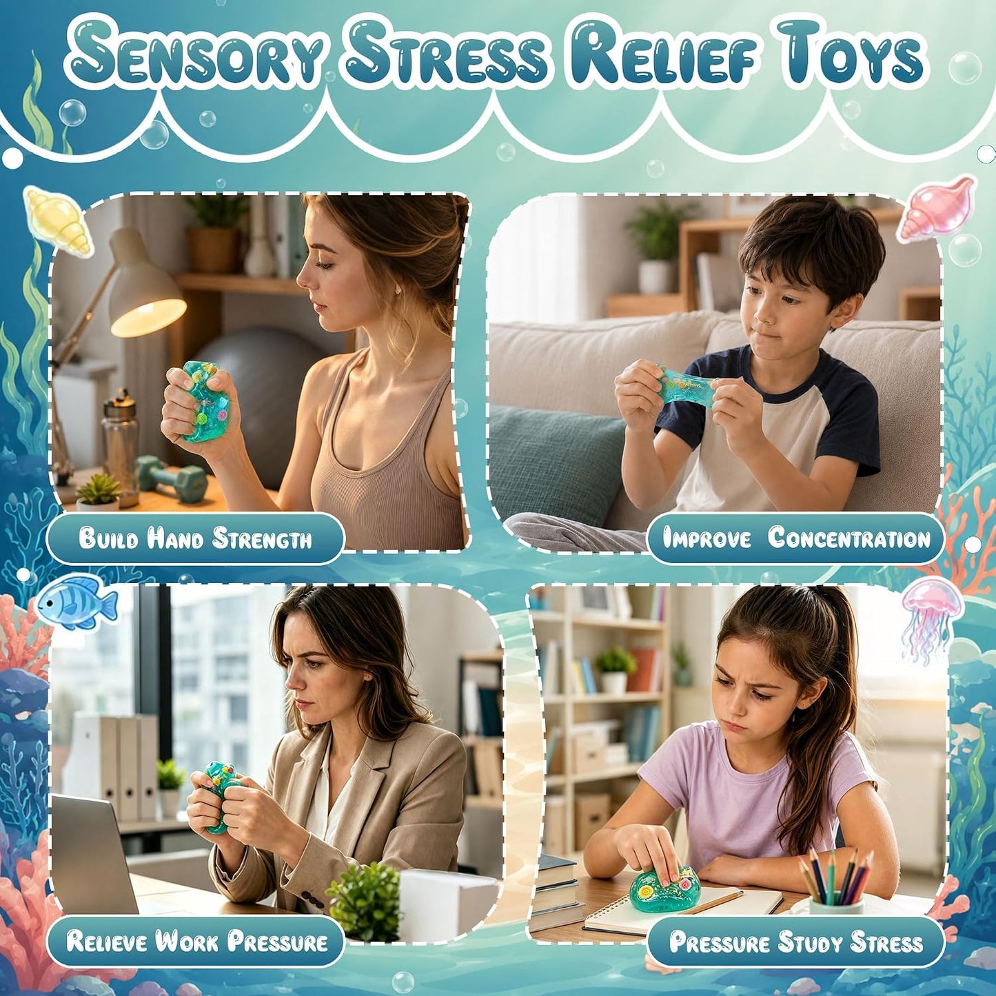Ice Cube Squishy Stress Toy – Slow Rising Sensory Fidget Squeeze Toy with Seashells for Kids & Adults