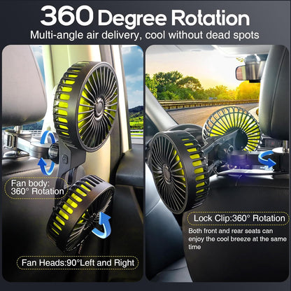 Dual Head USB Car Seat Fans 360° Rotatable Strong Wind