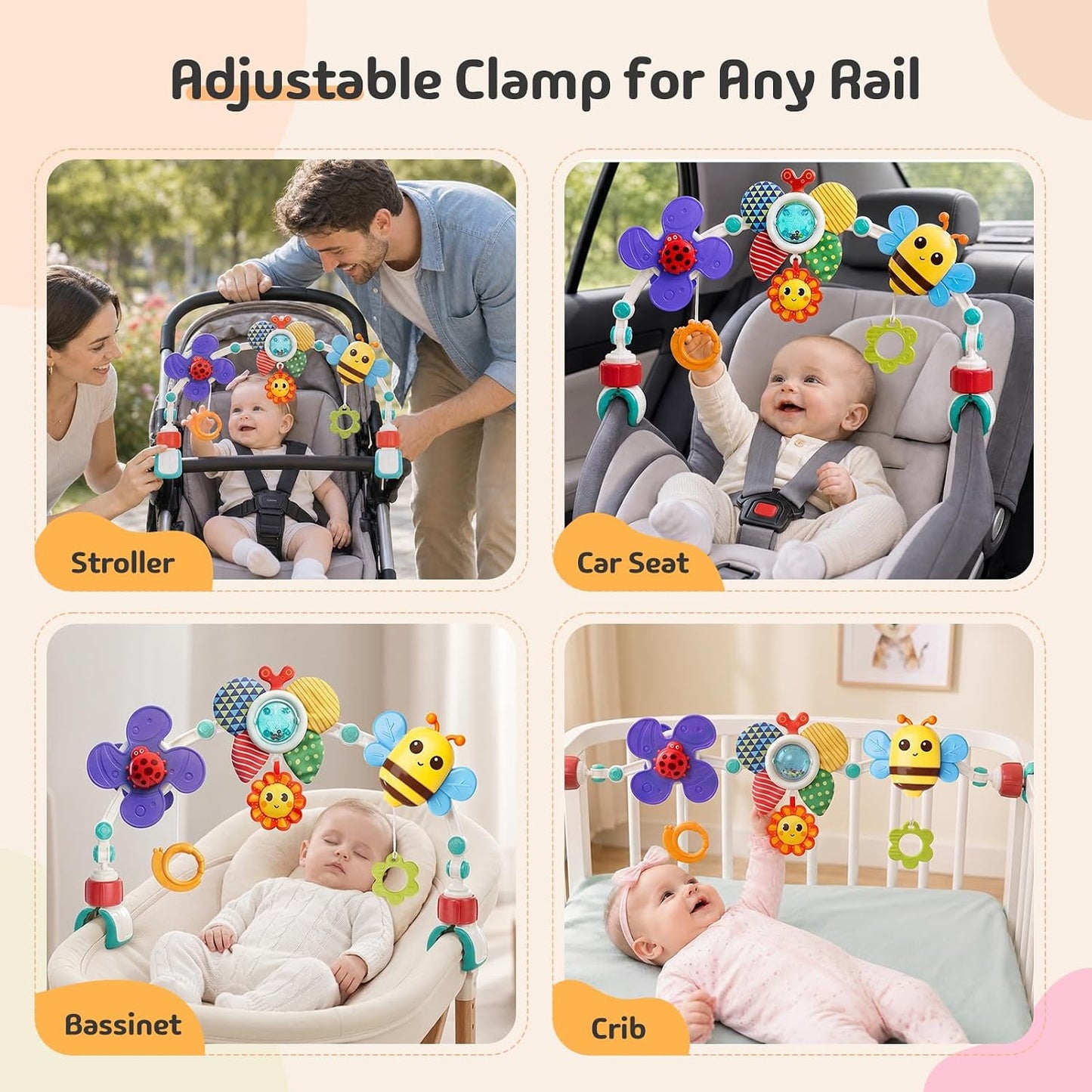 Arched Hanging Toy with Teether and Squeaker – For Strollers and Car Seats