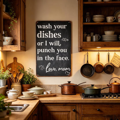 Funny Kitchen Metal Sign"Wash Your Dishes or I Will Punch You in The Face. Love, Mom"
