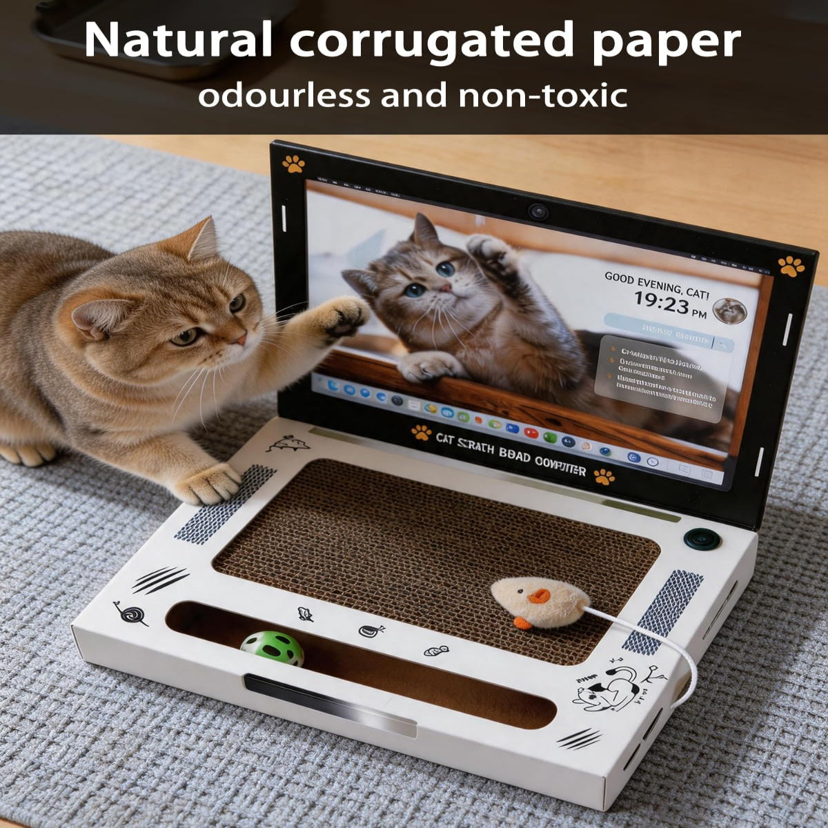 Laptop-Shaped Corrugated Cardboard Cat Scratcher With Ball Track Toy