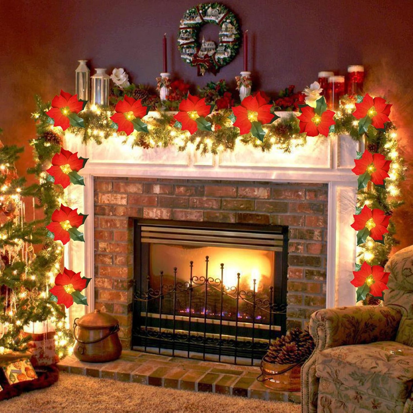10 Lighted Poinsettias 78.74 inch Christmas Garland