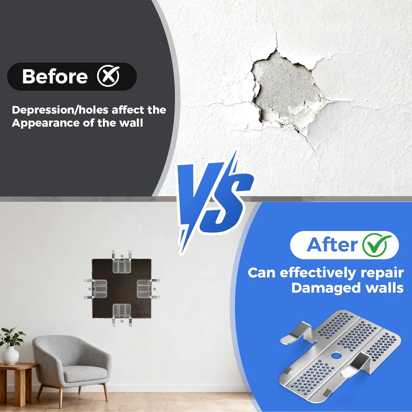 Professional Hole Repair Patch Kit for Wall and Sheetrock, Strong Metal Backing Clips with Screws