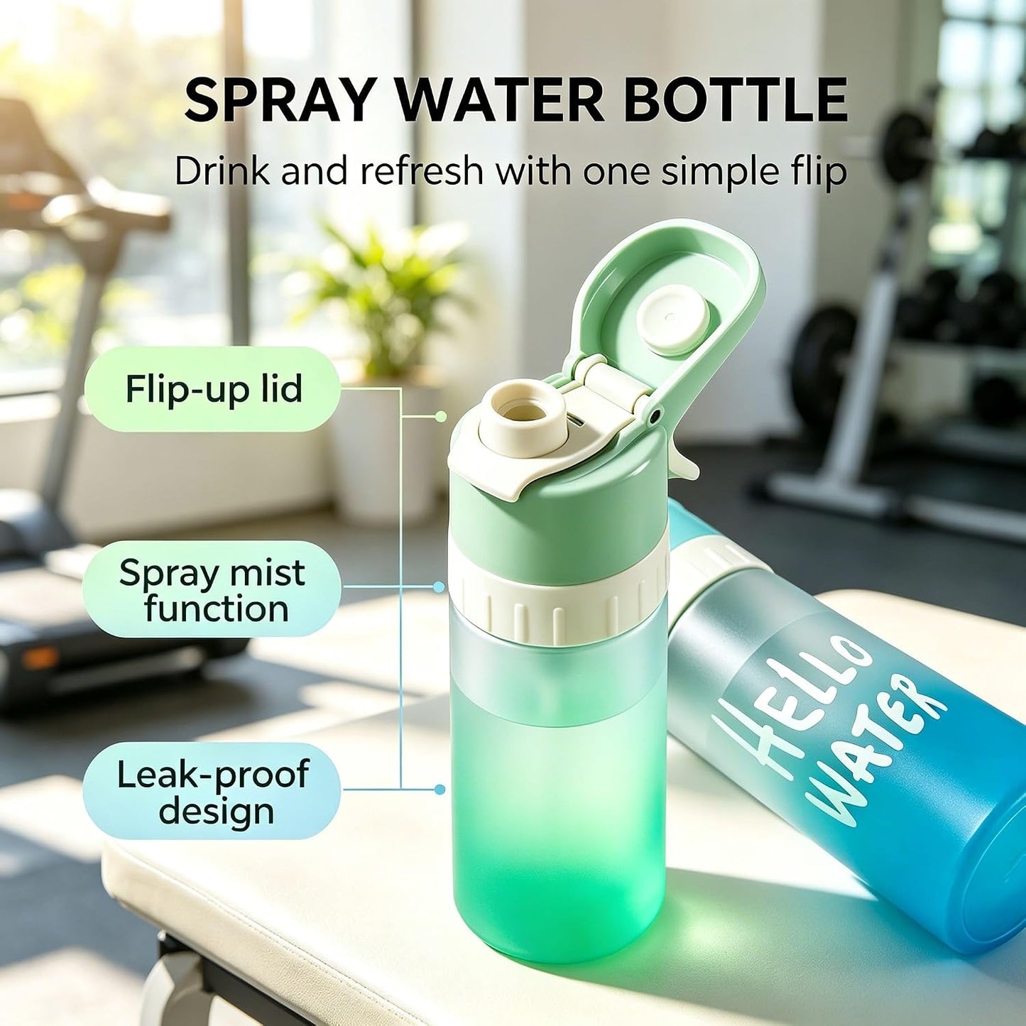 2 in 1 Drink & Mist Spray Bottle with Flip-Up Lid for Cooling, Hydration, Gym, Running