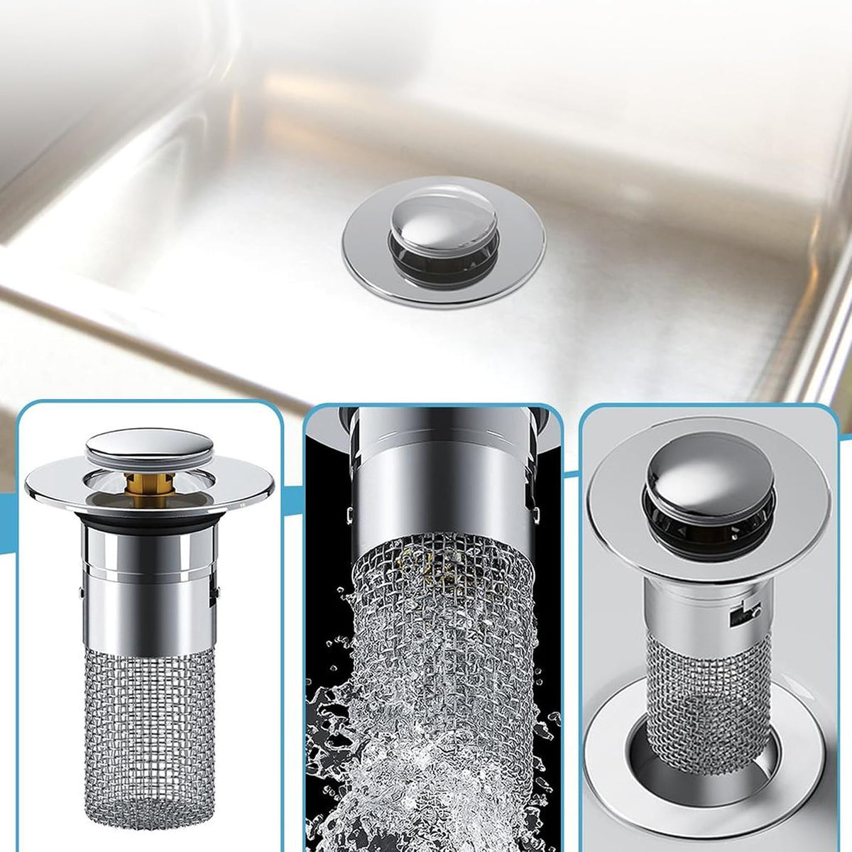 2Pack Sink Stopper Strainer - Pop-Up Drain with Removable Stainless