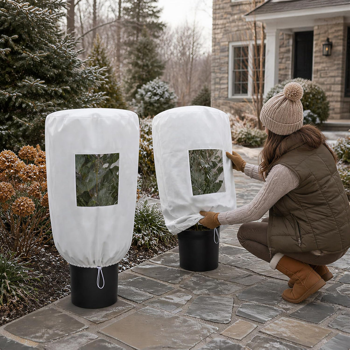 Plant Frost Protector With Observation Window - Reusable Drawstring Tree Cover