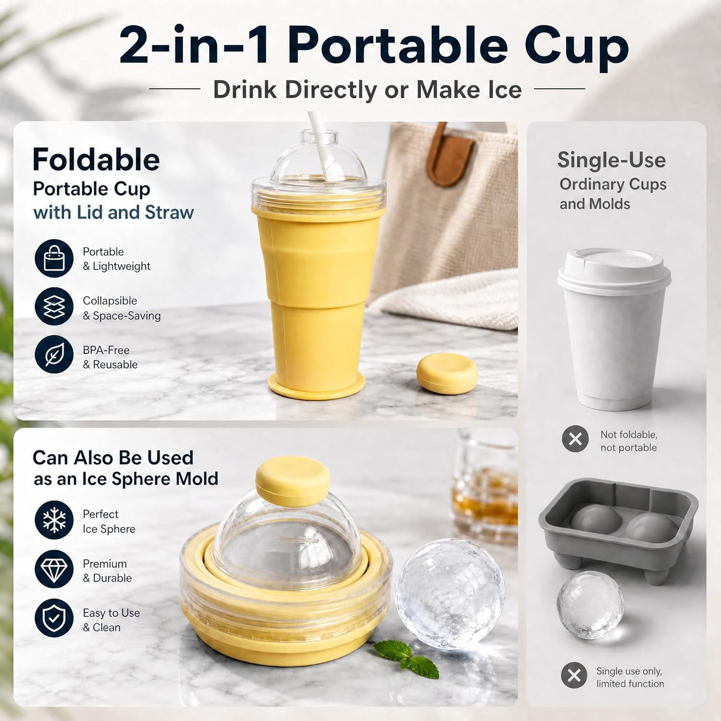 Collapsible Ice Ball Mold Cup with Straw – Large Silicone Ice Ball Maker, BPA-Free Tumbler for Summer Outings