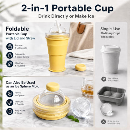 Collapsible Ice Ball Mold Cup with Straw – Large Silicone Ice Ball Maker, BPA-Free Tumbler for Summer Outings