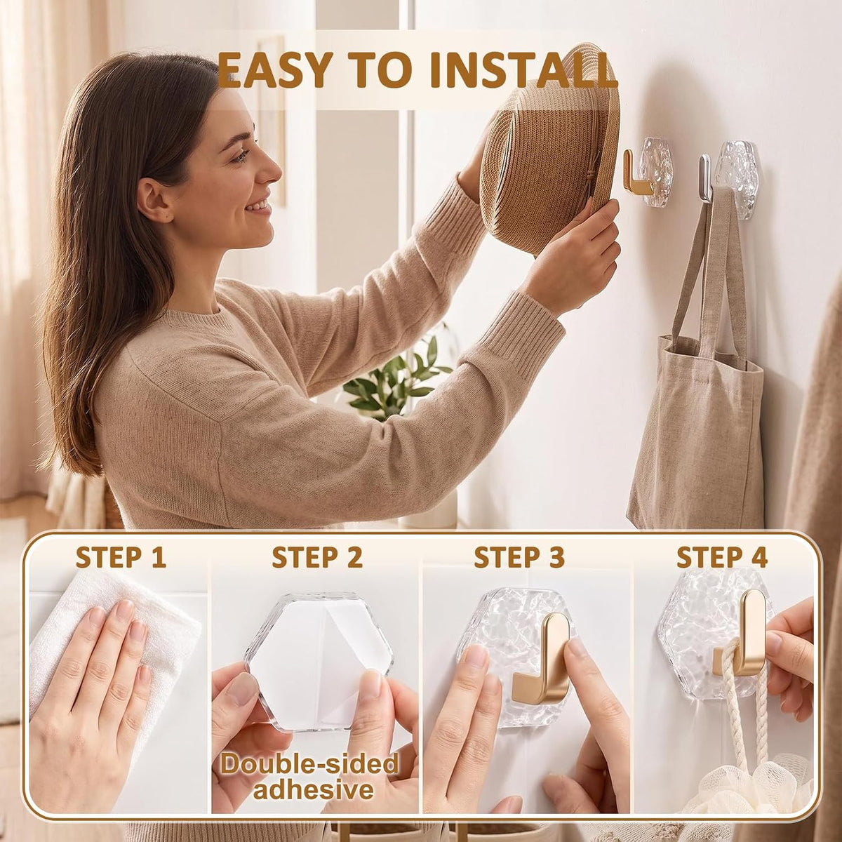 Heavy-Duty Self-Adhesive Hexagonal Ripple Hooks, 10-Pack