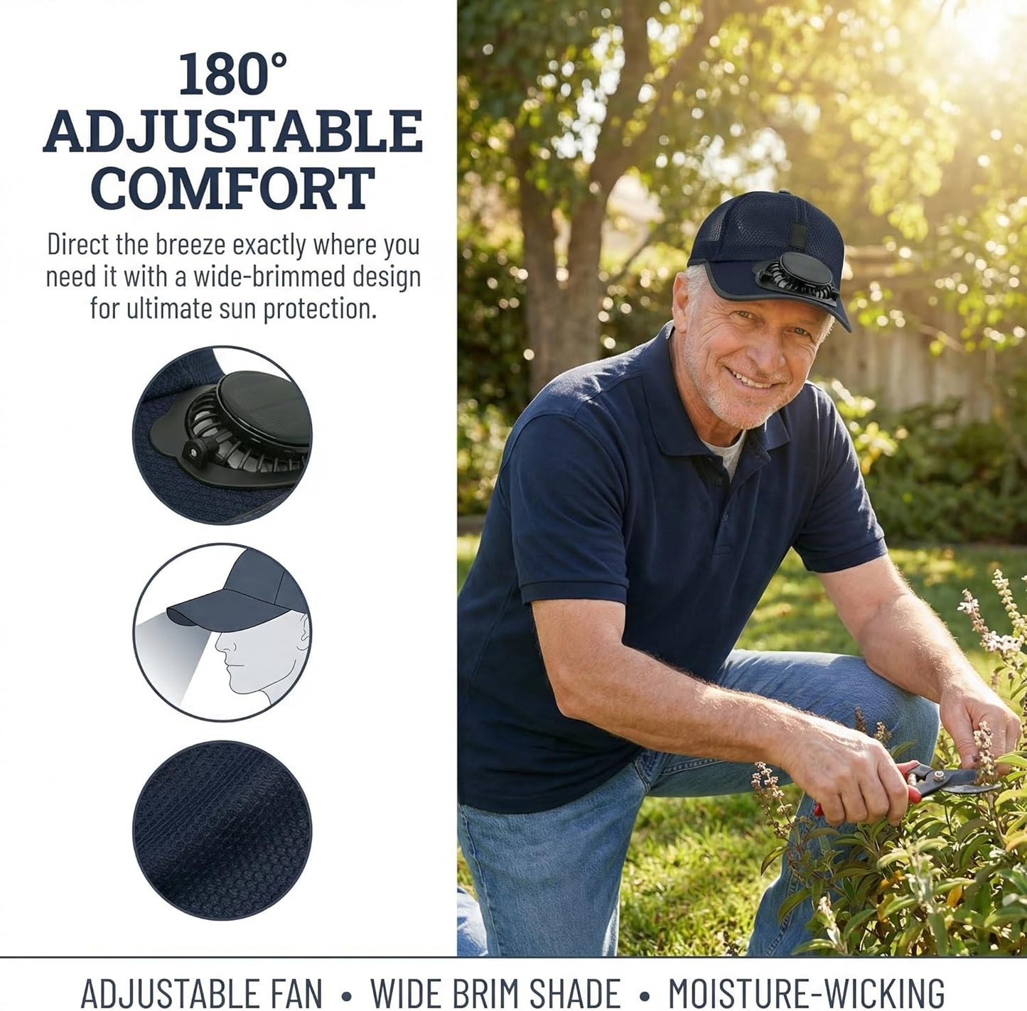 Solar Rechargeable Fan Cap – 3-Speed Hands-Free Cooling Hat with USB Charging for Outdoor Use