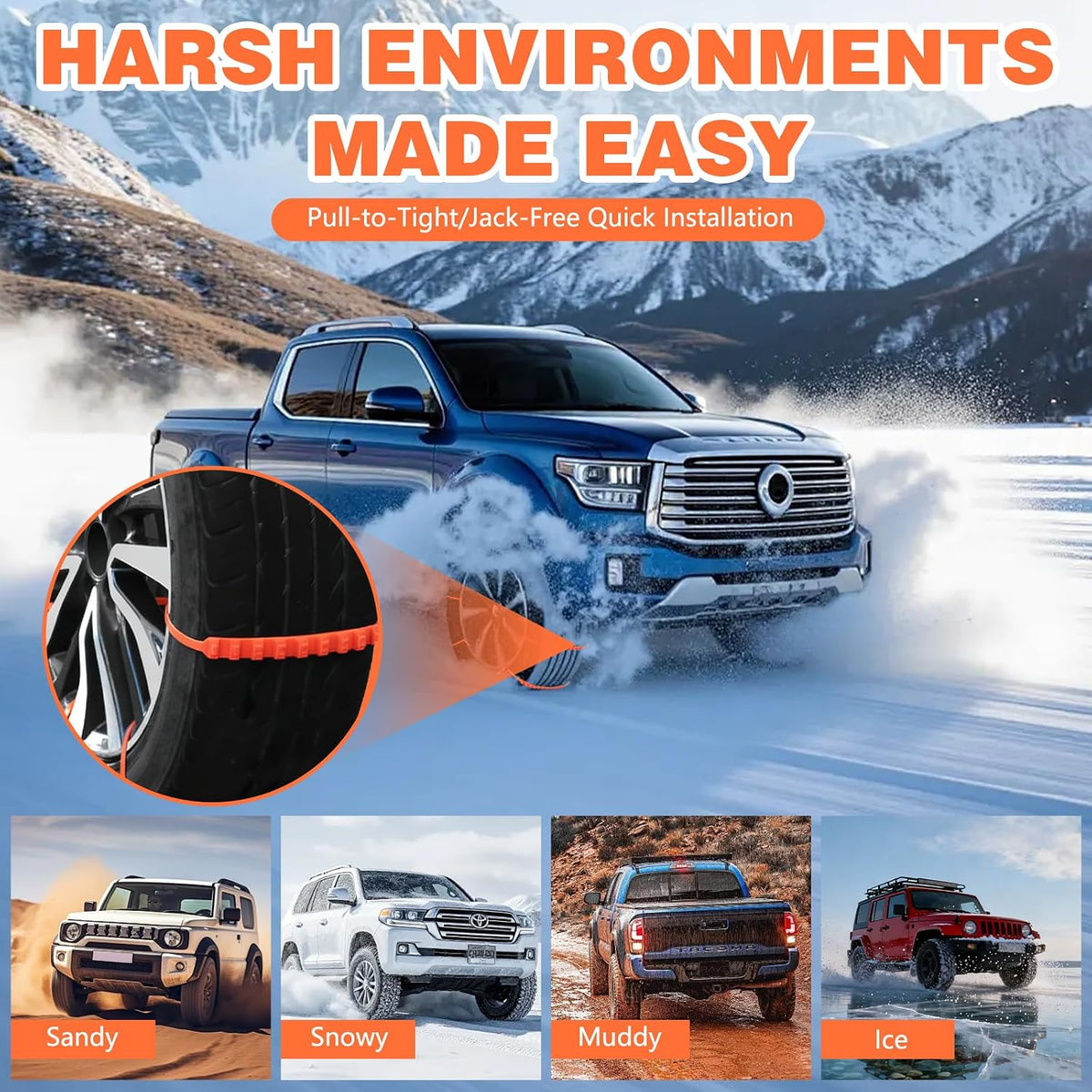 10Pack Emergency Anti-Skid Traction Chains, Reusable Snow Tire Chains for Trucks & SUVs