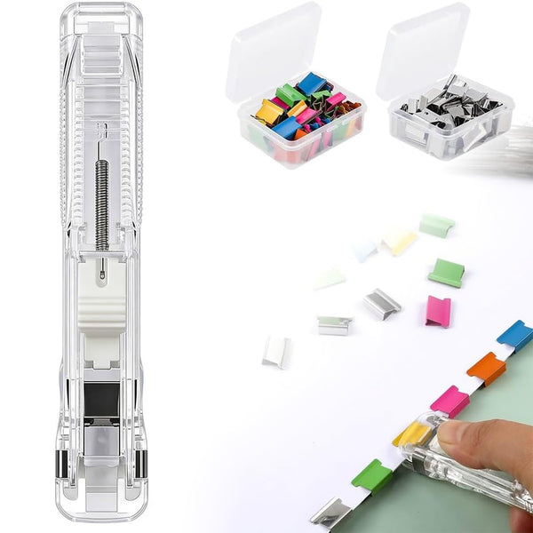 Portable Binder Clip Stapler with 100 Reusable Clips