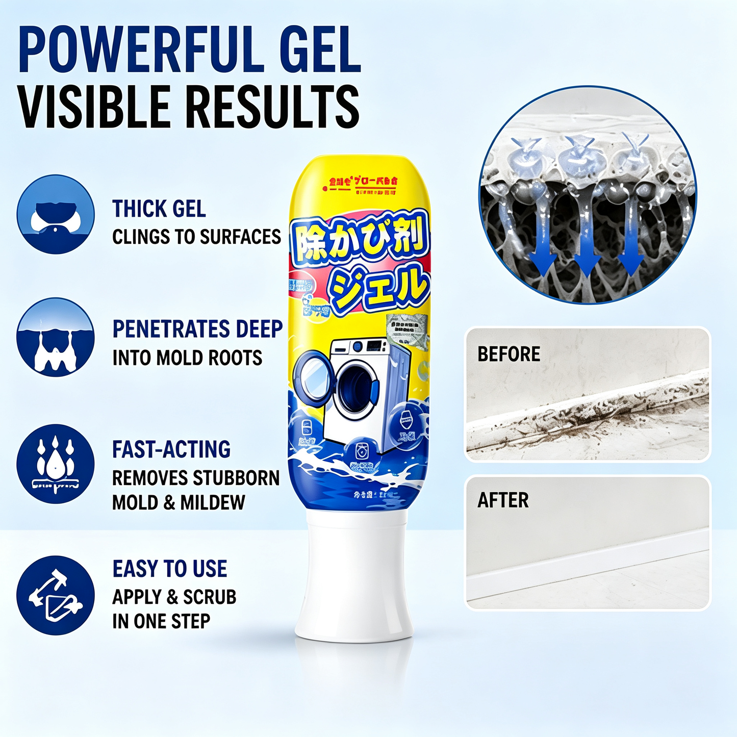 Mold Remover Gel with Brush Head, Deep Cleaning Mildew Cleaner for Bathroom Tiles, Grout & Silicone Sealant