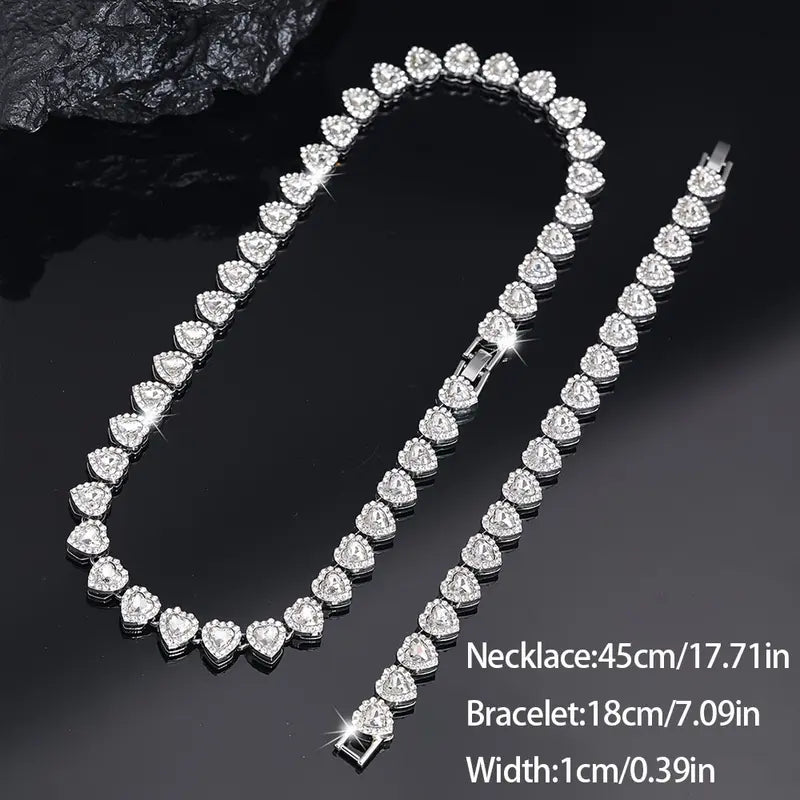 Rhinestone Heart-Shaped Necklace and Bracelet Set