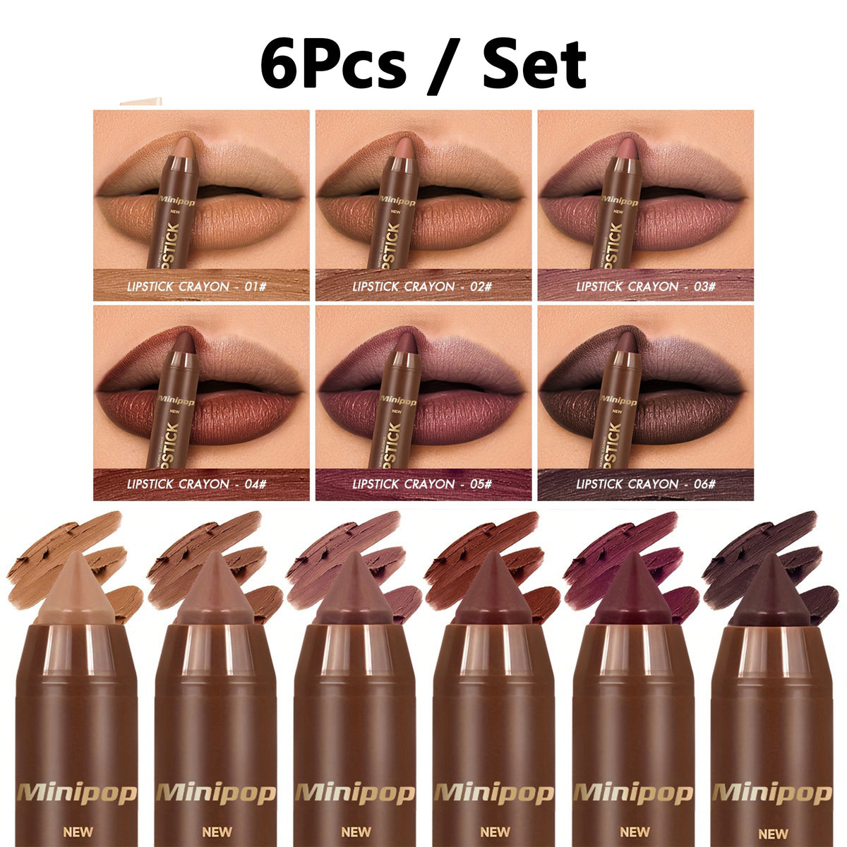 6 Matte Cream Lip Pencil Set - Long-Lasting, Waterproof And Smudge-Proof