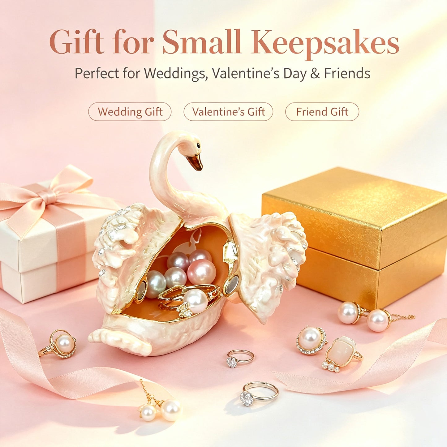 Mini Pink Swan Trinket Box for Jewelry Ring Earrings