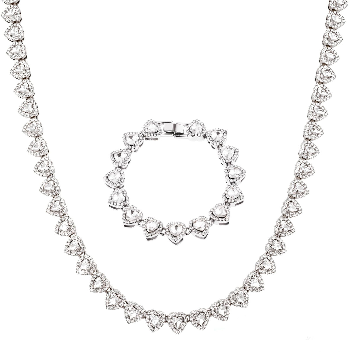 Rhinestone Heart-Shaped Necklace and Bracelet Set
