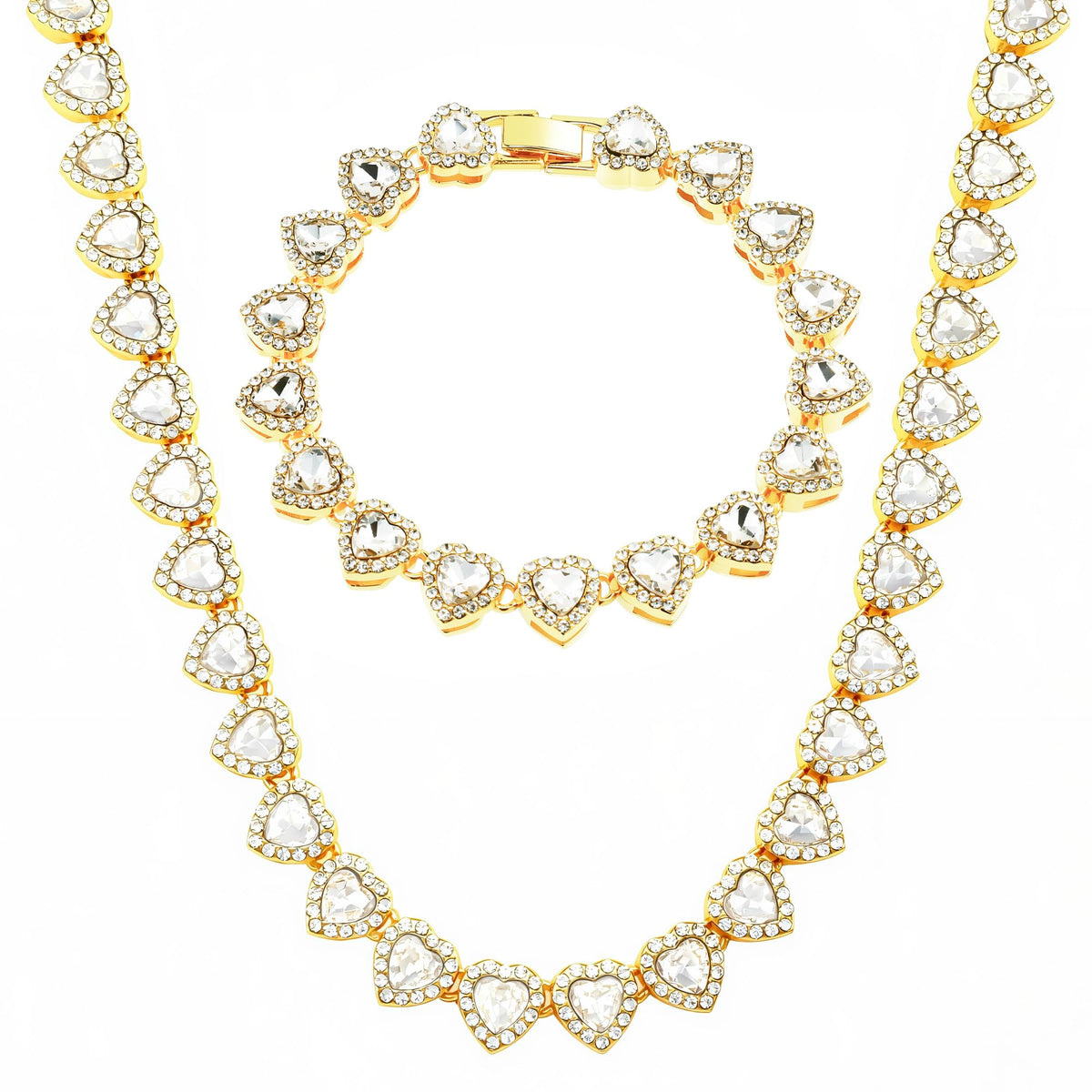 Rhinestone Heart-Shaped Necklace and Bracelet Set