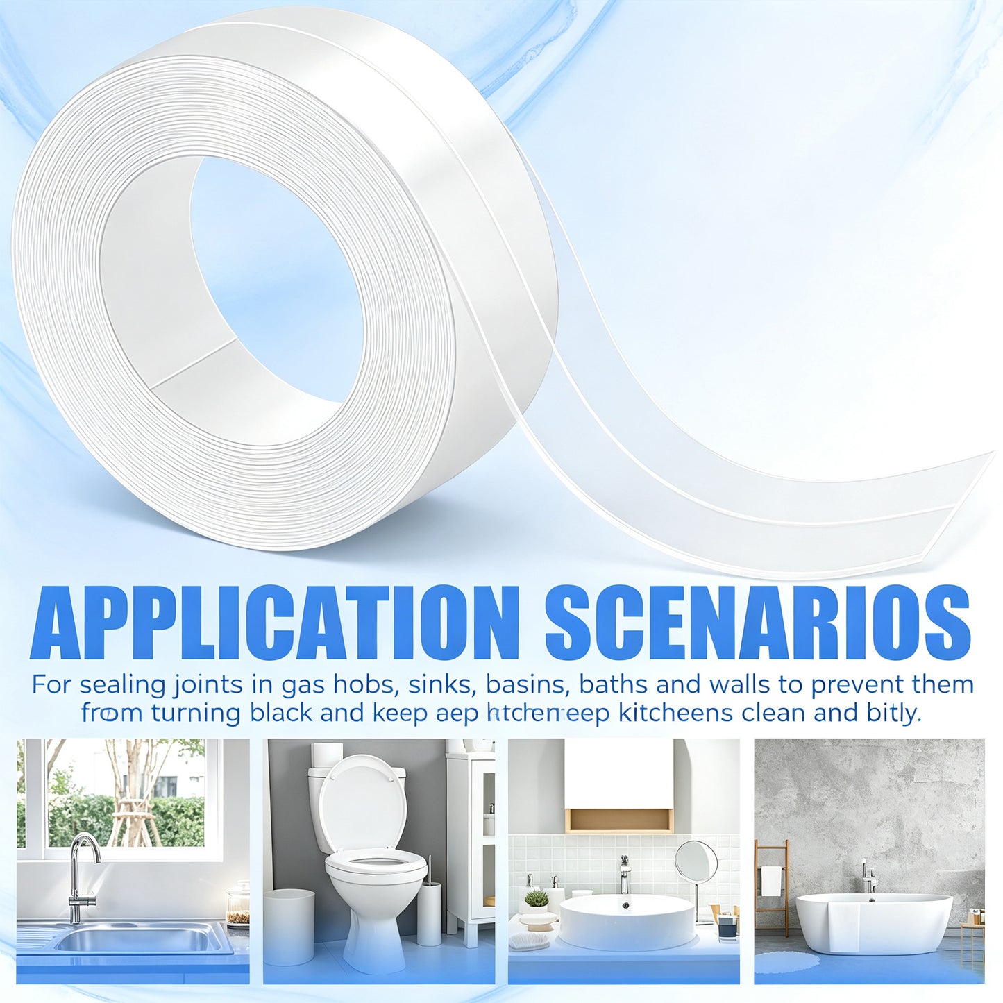 Clear Caulk Tape for Sinks Tubs Showers Counters Back Splash