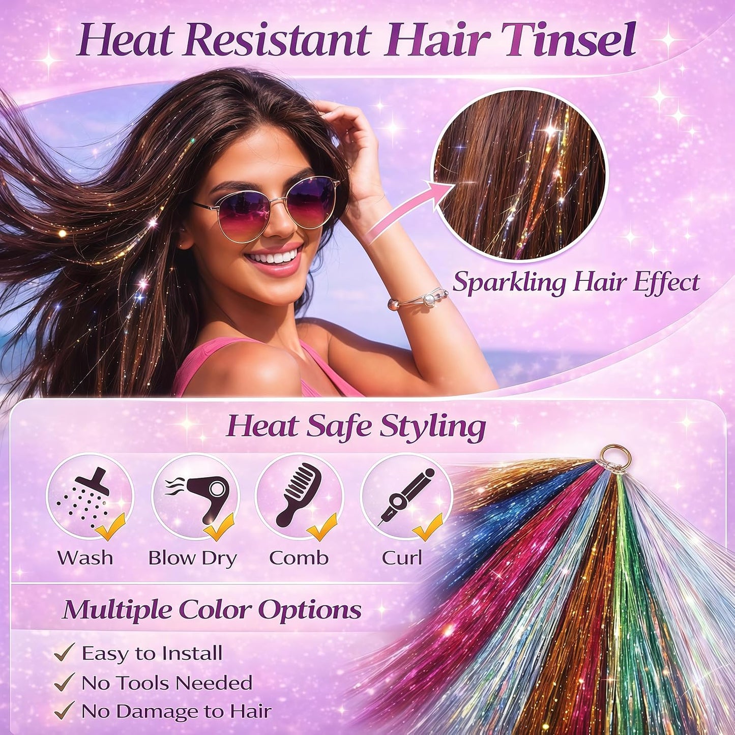Hair Tinsel Kit – 10 Colors, 2500 Strands Sparkling Fairy Hair Extensions with Tool for Party & Festivals
