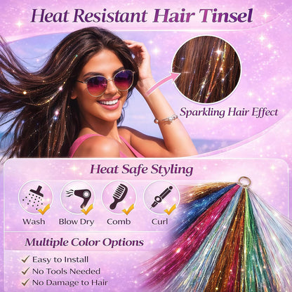 Hair Tinsel Kit – 10 Colors, 2500 Strands Sparkling Fairy Hair Extensions with Tool for Party & Festivals
