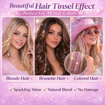 Hair Tinsel Kit – 10 Colors, 2500 Strands Sparkling Fairy Hair Extensions with Tool for Party & Festivals