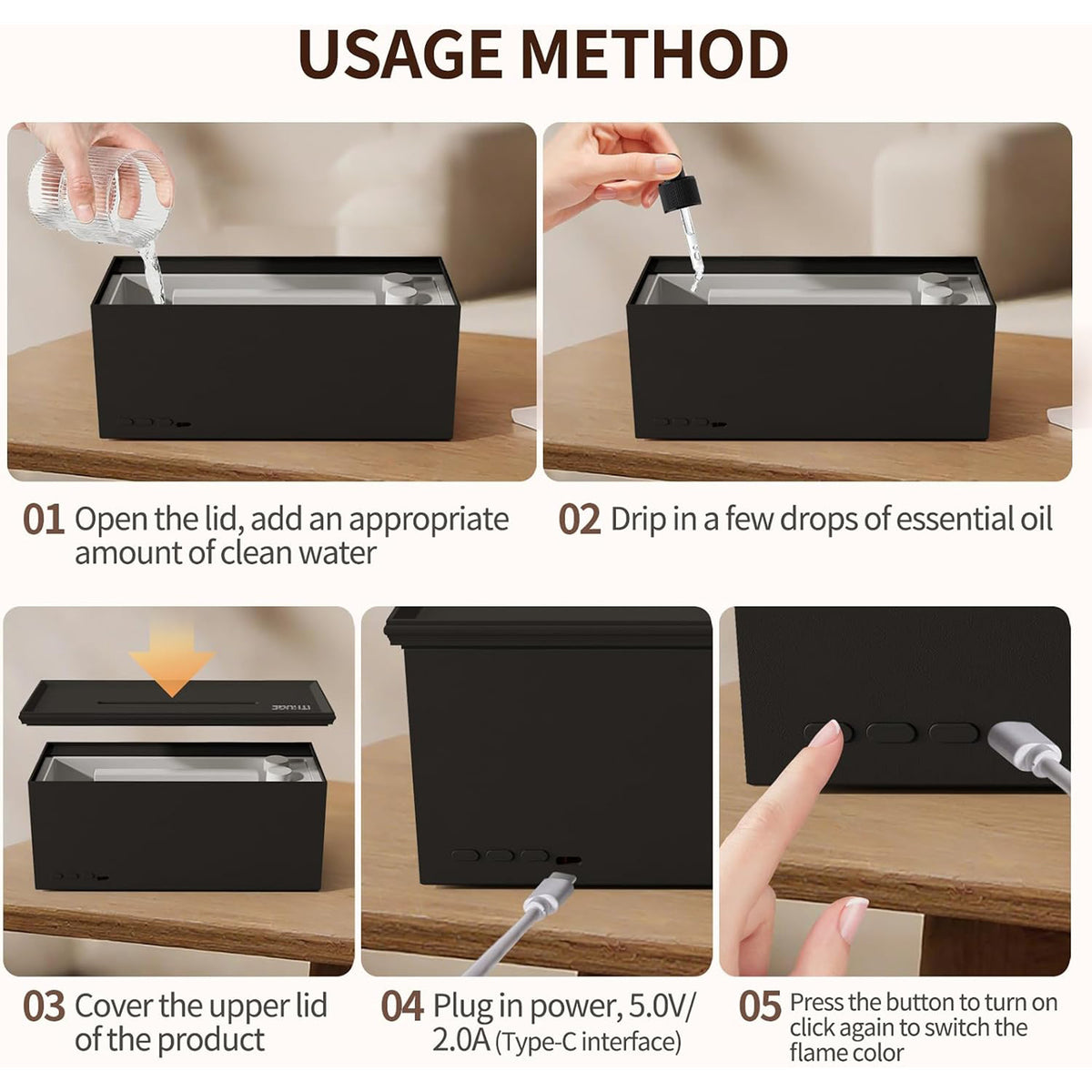 Fireplace Flame Design Essential Oil Diffuser Humidifier - Multi-Color Light Modes