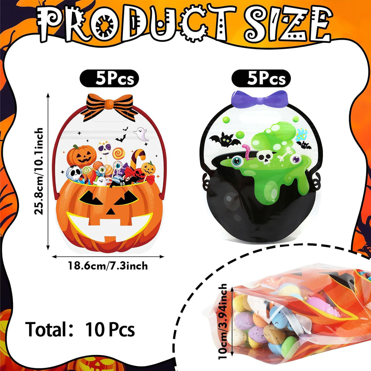 10-Pack Halloween Candy Bags, Pumpkin Skull Plastic Gift Bags