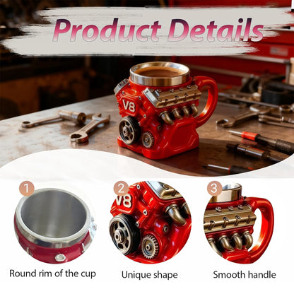 V8 Engine Coffee Mug with Double Wall Insulation Perfect for Husband, Mechanic, Car Enthusiast Gifts