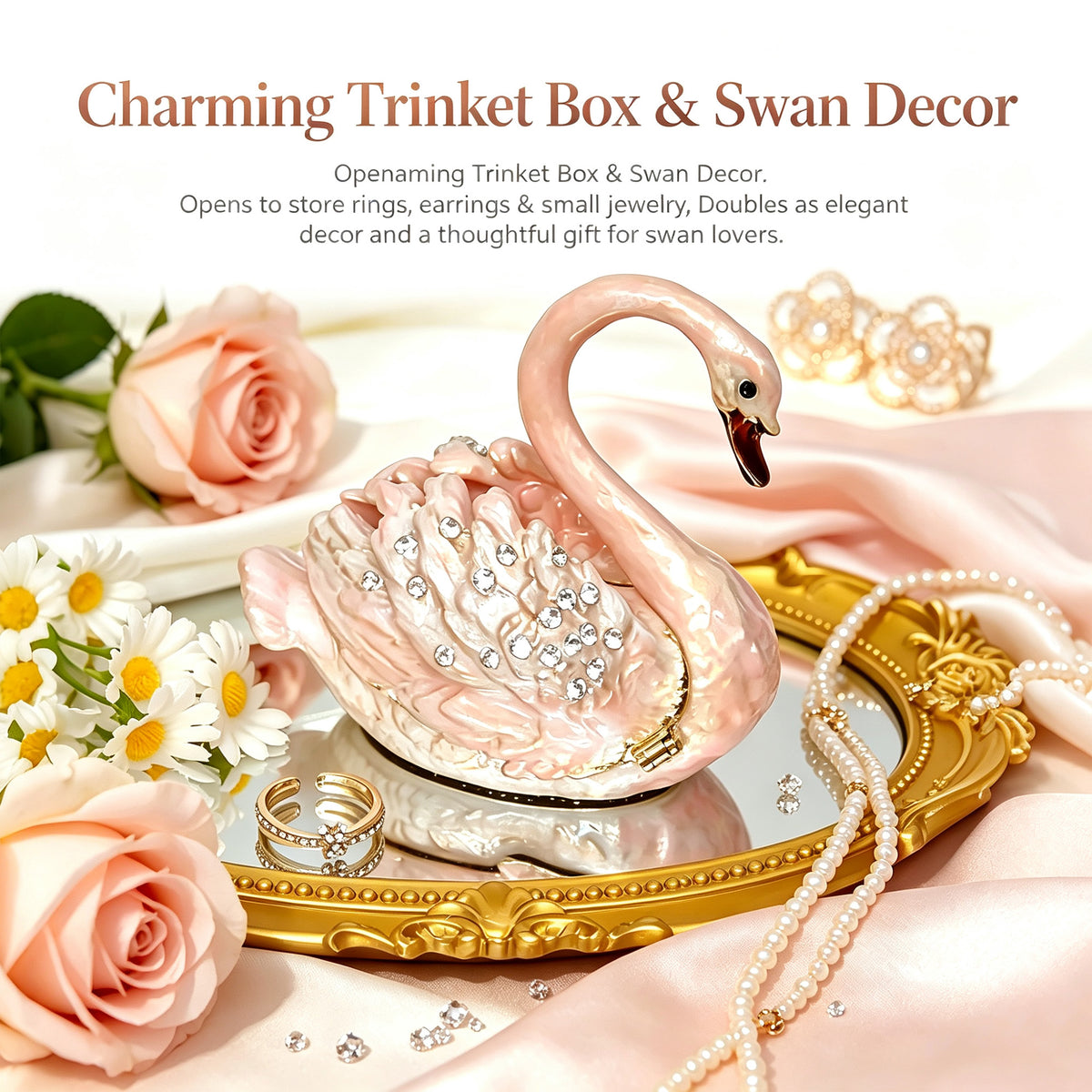 Mini Pink Swan Trinket Box for Jewelry Ring Earrings
