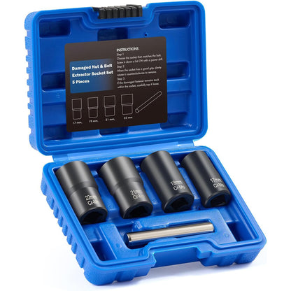 Twist Socket Tool Set, 1/2" Drive 5pc Nut and Bolt Extractor Set, Rounded Bolt & Stripped Lug Nut Remover Tool Kit