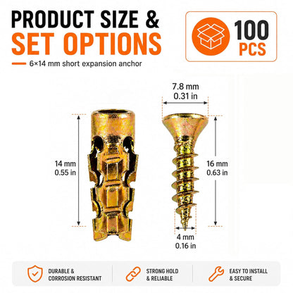 100pcs Expansion Screw Set for Cabinet Hinge Repair, Stripped Thread Restoration & Door Fastening, for Wood/Tile/Stone