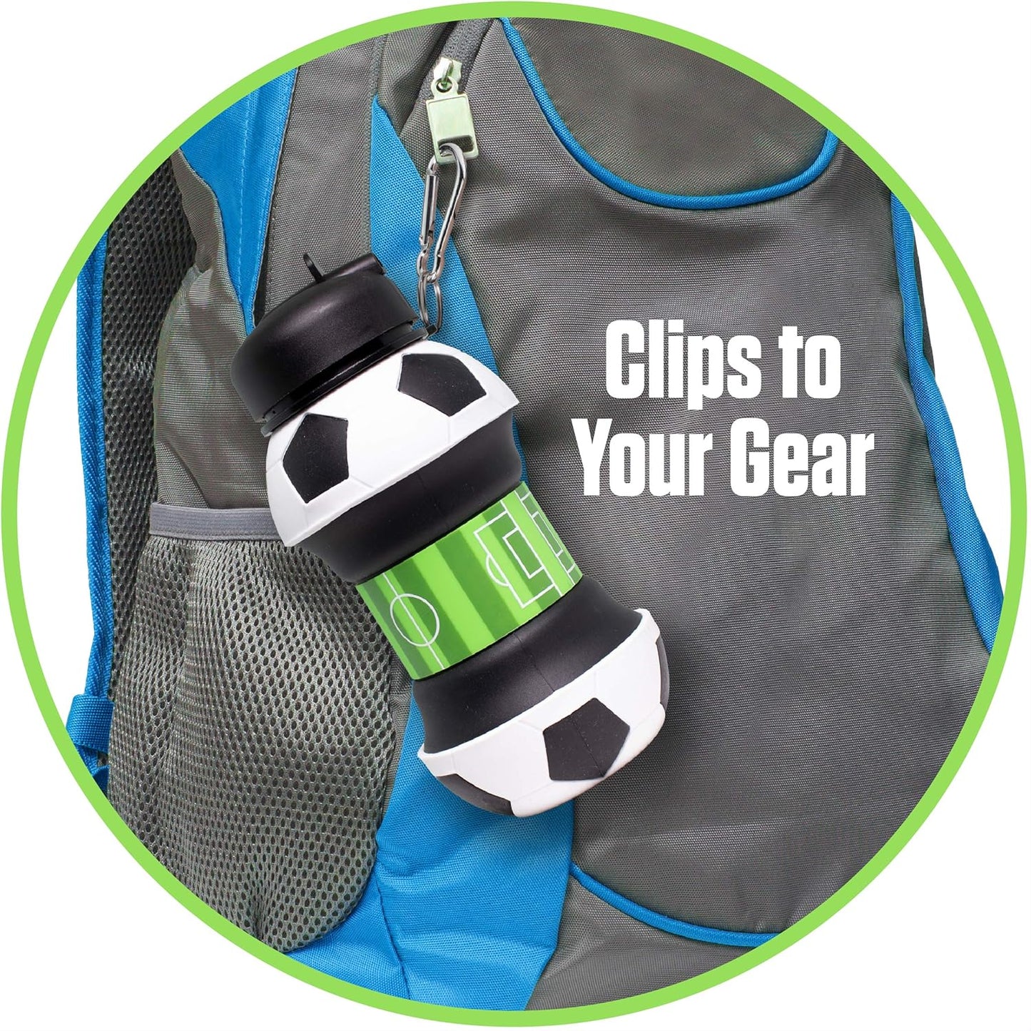 19oz/550ml Soccer Ball Water Bottle Collapsible - Food Grade with Carabiner Clip