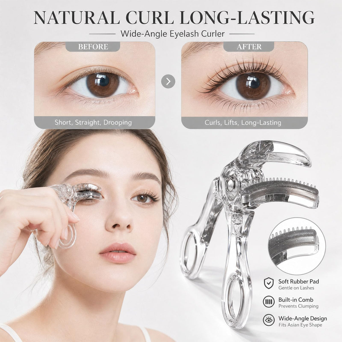 Wide Angle Eyelash Curler with Comb