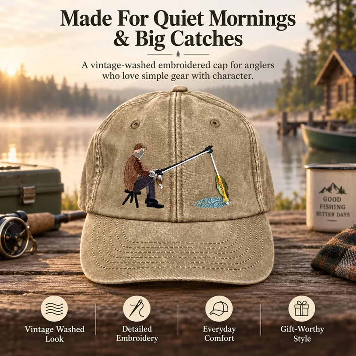 Embroidered Fisherman Hat with Pull-Up Glass Fish