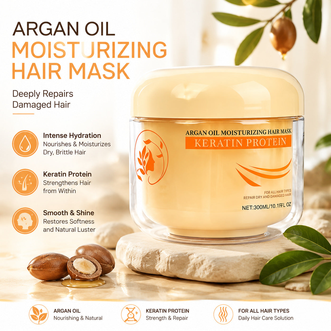 300ml Argan Oil Hair Mask for Dry, Damaged Hair, Hydrating Deep Conditioner