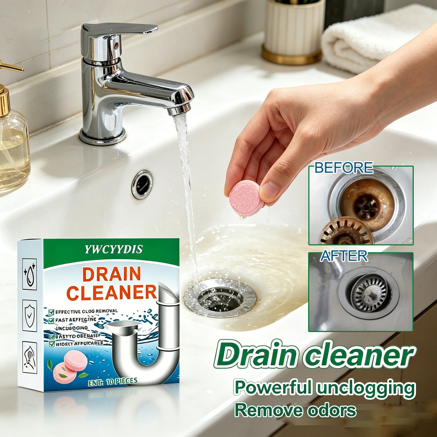 10Pack Fizzy Drain Freshener and Cleaner, Prevents Clogs and Removes Odors